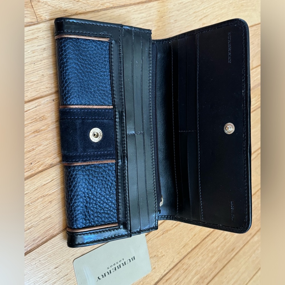 Burberry Prosum bronze Metallic Piping Navy Suade Leather Luxury Wallet VTG - Picture 15 of 16